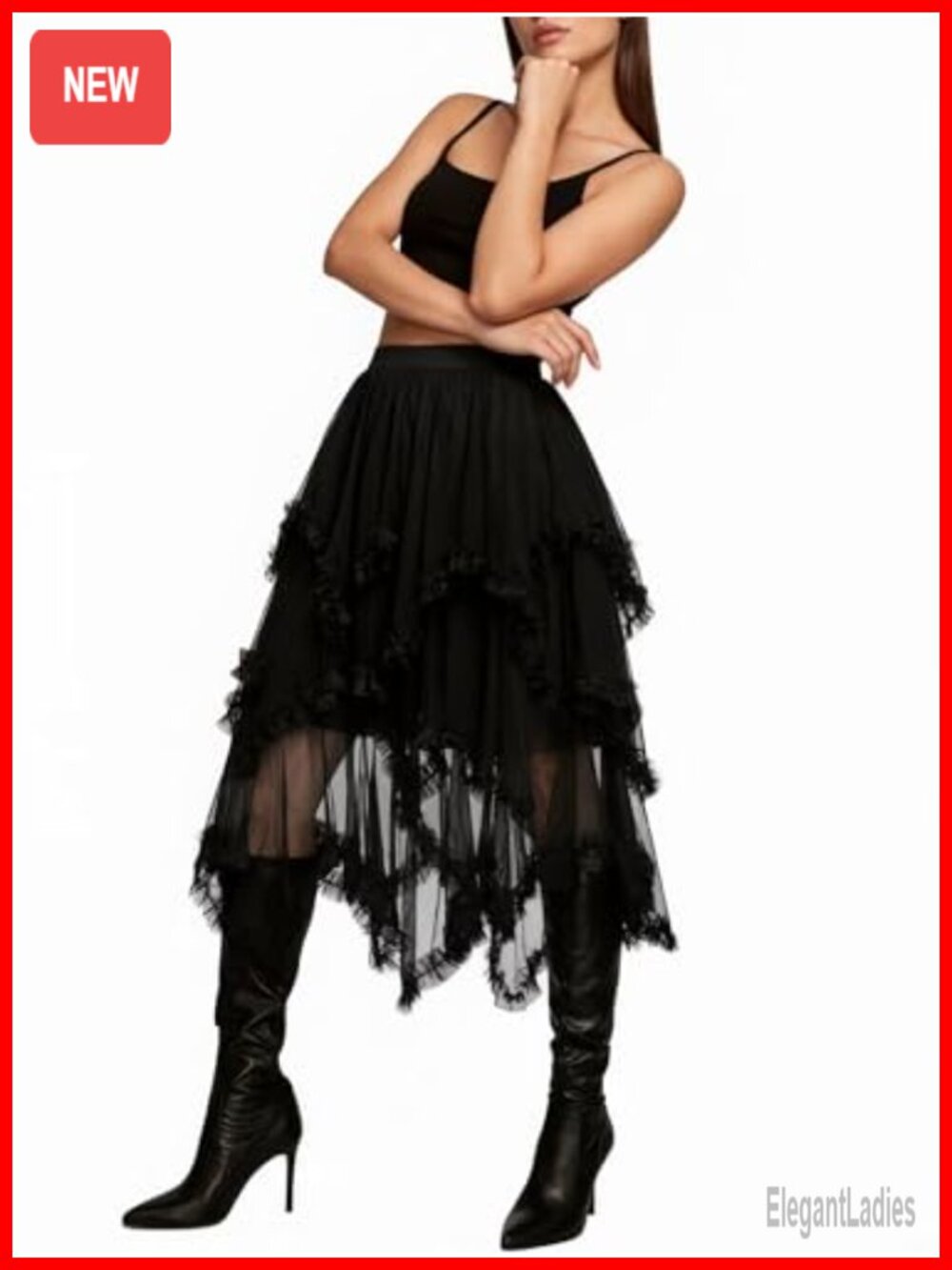 Plus Size Asymmetrical Tulle Midi Skirt A-Line Elastic Waist Ruffle Flowy